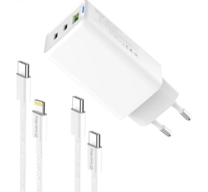 Зарядний пристрій ColorWay GaN Mini 65W PD Port PPS USB (USB-2C1A) cable Type-C&Lightning (CW-CHS058PDCL-WT)