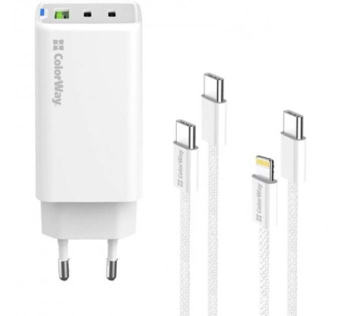 Зарядний пристрій ColorWay GaN Mini 65W PD Port PPS USB (USB-2C1A) cable Type-C&Lightning (CW-CHS058PDCL-WT)