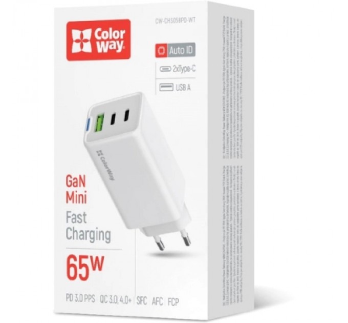 Зарядний пристрій ColorWay GaN Mini 65W PD Port PPS USB (USB-2C1A) white (CW-CHS058PD-WT)