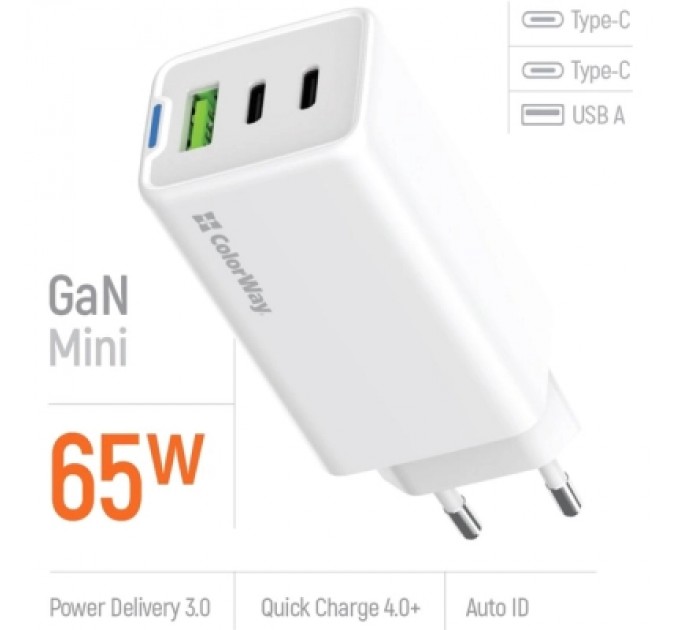 Зарядний пристрій ColorWay GaN Mini 65W PD Port PPS USB (USB-2C1A) white (CW-CHS058PD-WT)