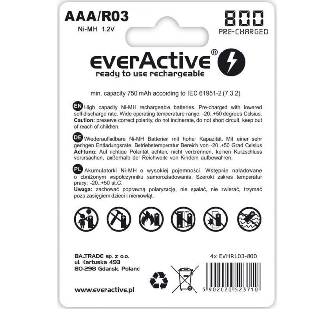 Акумулятор everActive AAA/HR03 Ni-MH 800mAh BL 4шт
