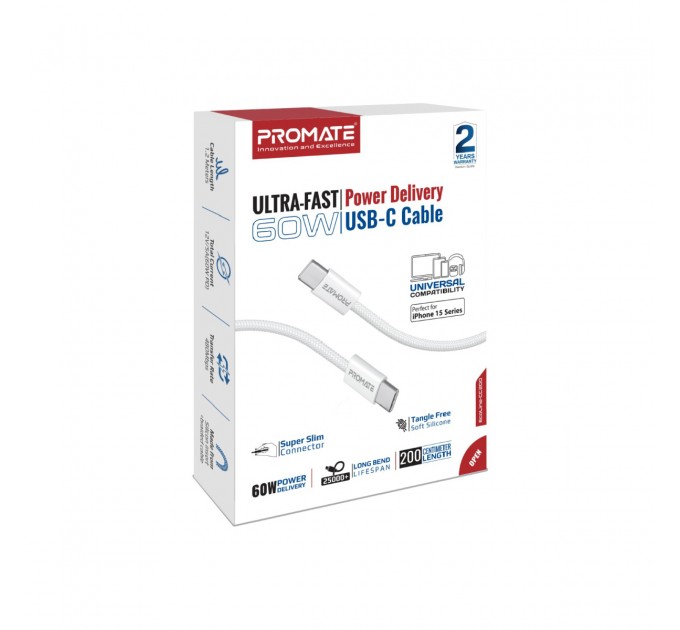 Кабель Promate USB Type-C - USB Type-C (M/M), 3A, 60W, 2 м, White (ecoline-cc200.white)