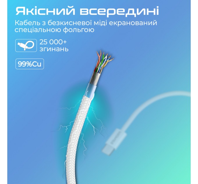 Кабель Promate USB Type-C - USB Type-C (M/M), 3A, 60W, 2 м, White (ecoline-cc200.white)