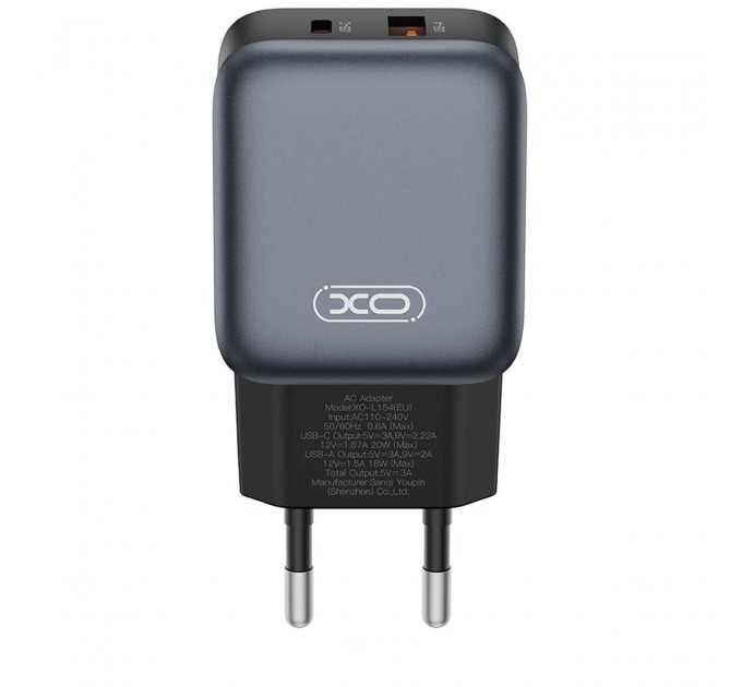 XO Мережевий зарядний пристрій XO L154 (1USB-С, 1USB, 3А) PD, QC 3.0 Black (L154.black)