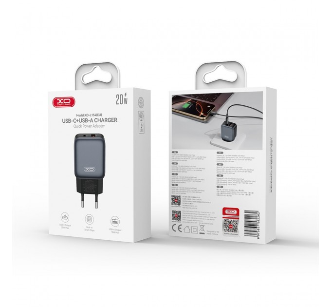 XO Мережевий зарядний пристрій XO L154 (1USB-С, 1USB, 3А) PD, QC 3.0 Black (L154.black)