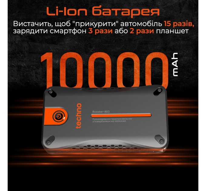Techno Пусковий пристрій для автомобілів Techno 10000mAh Black (booster-800)