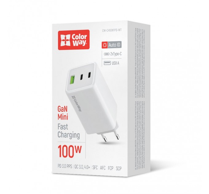 ColorWay Мережевий зарядний пристрій ColorWay GaN Mini 100W PD Port PPS USB (USB-2C1A) White (CW-CHS061PD-WT)