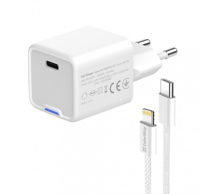 ColorWay Мережевий зарядний пристрій ColorWay GaN Mini 20W PD Port PPS USB-C White (CW-CHS059PD-WT) + кабель Lightning