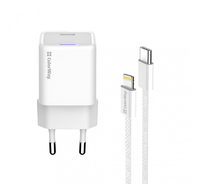 ColorWay Мережевий зарядний пристрій ColorWay GaN Mini 20W PD Port PPS USB-C White (CW-CHS059PD-WT) + кабель Lightning