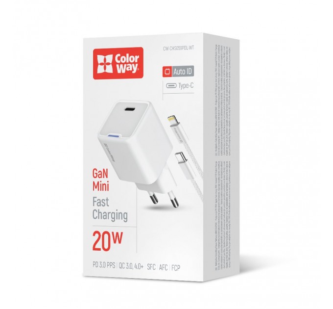 ColorWay Мережевий зарядний пристрій ColorWay GaN Mini 20W PD Port PPS USB-C White (CW-CHS059PD-WT) + кабель Lightning