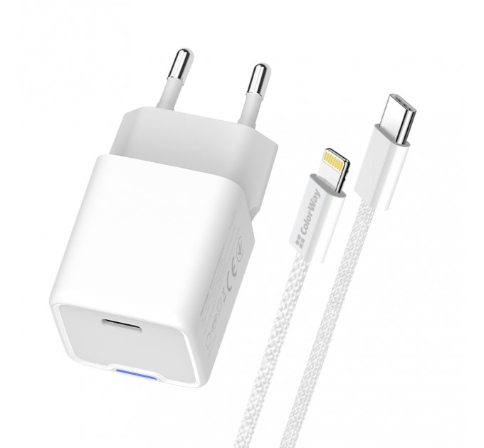 ColorWay Мережевий зарядний пристрій ColorWay GaN Mini 20W PD Port PPS USB-C White (CW-CHS059PD-WT) + кабель Lightning