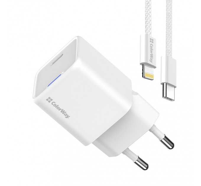 ColorWay Мережевий зарядний пристрій ColorWay GaN Mini 20W PD Port PPS USB-C White (CW-CHS059PD-WT) + кабель Lightning