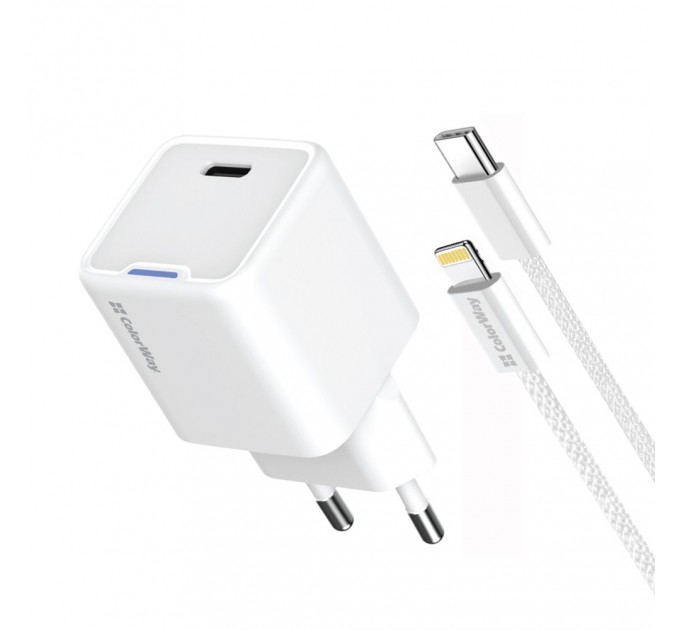 ColorWay Мережевий зарядний пристрій ColorWay GaN Mini 20W PD Port PPS USB-C White (CW-CHS059PD-WT) + кабель Lightning