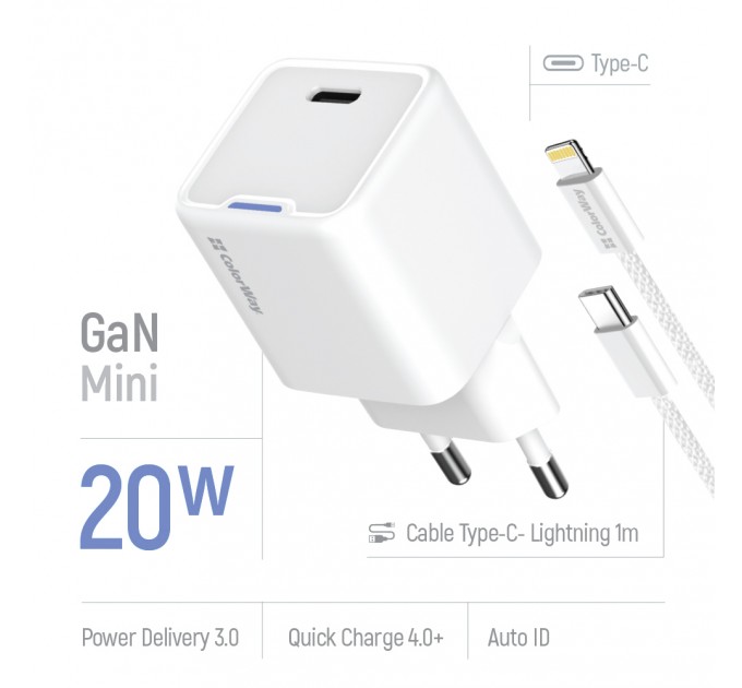 ColorWay Мережевий зарядний пристрій ColorWay GaN Mini 20W PD Port PPS USB-C White (CW-CHS059PD-WT) + кабель Lightning