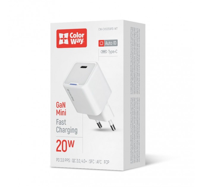 ColorWay Мережевий зарядний пристрій ColorWay GaN Mini 20W PD Port PPS USB-C White (CW-CHS059PD-WT)