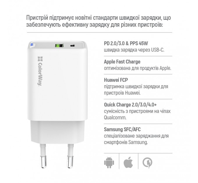 Мережевий зарядний пристрій ColorWay GaN Mini 45W PD Port PPS USB (Type-C PD + USB QC4.0) White (CW-CHS060PD-WT)