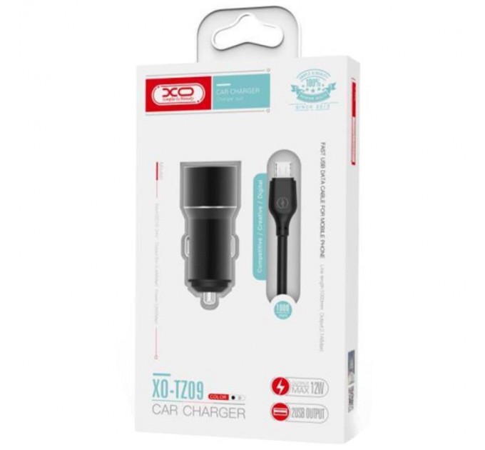 XO Автомобільний зарядний пристрій XO TZ09 (2USB, 2.4A) Black (6920680873500) + кабель USB Type-C
