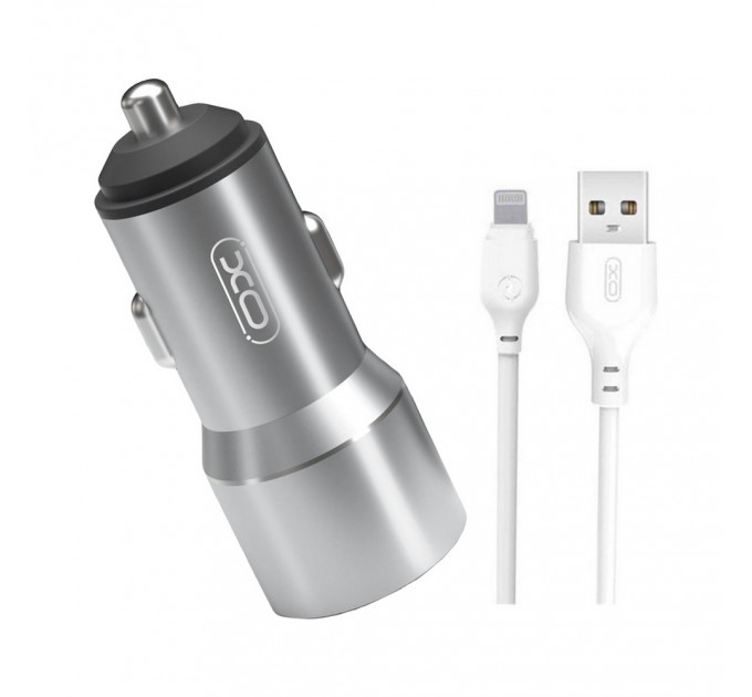 XO Автомобільний зарядний пристрій XO TZ09 (2USB, 2.4A) Gray (6920680873517) + кабель Lightning