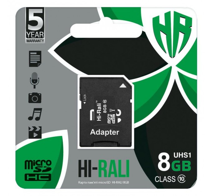 Hi-Rali Карта пам`ятi MicroSDHC 8GB UHS-I Class 10 Hi-Rali + SD-adapter (HI-8GBSD10U1-01)