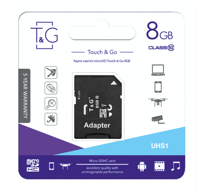 T&G Карта пам`ятi MicroSDHC 8GB UHS-I Class 10 T&G + SD-adapter (TG-8GBSD10U1-01)
