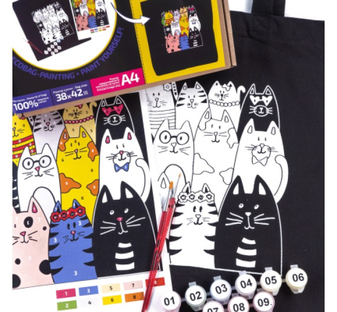 Rosa Набір для творчості Rosa Talent екосумка-розмальовка, чорна, Котики, 38х42 см (4823098542148)
