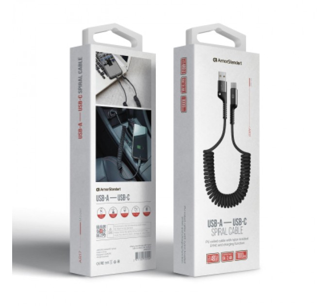 Armorstandart Дата кабель USB 2.0 AM to USB-C 1.0m Spiral 2.4A black Armorstandart (ARM75390)