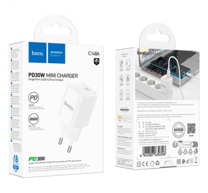 HOCO Зарядний пристрій HOCO C148A Charm USB-C PD30W White (6942007630306)