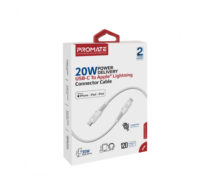 Promate Кабель Promate USB Type-C - Lightning (M/M), 3 A, 20 W, 1.2 м, PowerLine-Ci120 White