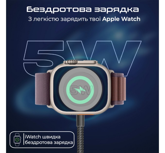 Кабель Promate USB Type-C - 2хUSB Type-C 100W Apple Watch Charger 5W (M/M), 5A, 1.4 м, Black (fusion-ccw.black)