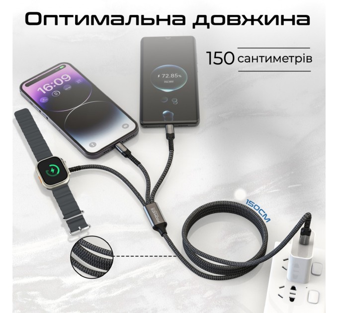 Promate Кабель Promate USB Type-C - USB Type-C (M/M) Lightning 27W 60W Apple MagSafe 1 2.5W, 4A, 1.5 м, Black (icharge-trio.black)
