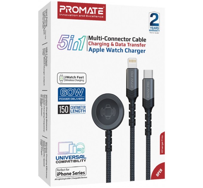 Promate Кабель Promate USB Type-C - USB Type-C (M/M) Lightning 27W 60W Apple MagSafe 1 2.5W, 4A, 1.5 м, Black (icharge-trio.black)