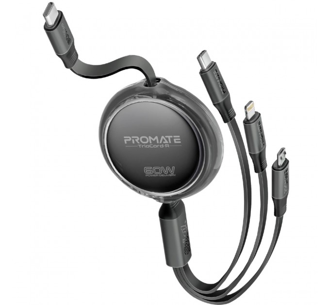 Кабель Promate USB Type-C - USB Type-C Lightning microUSB (M/M), 3A, 60W, 1.1 м, Black (triocord-r.black)
