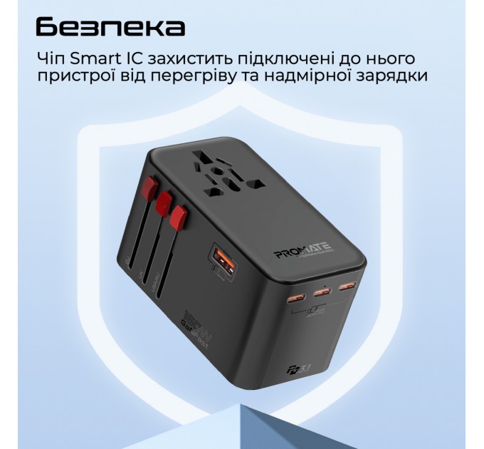 Promate Зарядний пристрій Promate TripMate-GaN160 160W Black