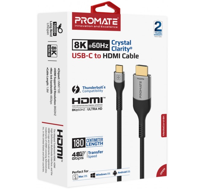 Promate Кабель Promate USB Type-C - HDMI V 2.1 (M/M), 1.8 м, Grey (mediacord-8k.grey)
