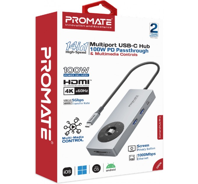 Promate USB-хаб Promate ComandHub-Pro USB Type-C Grey