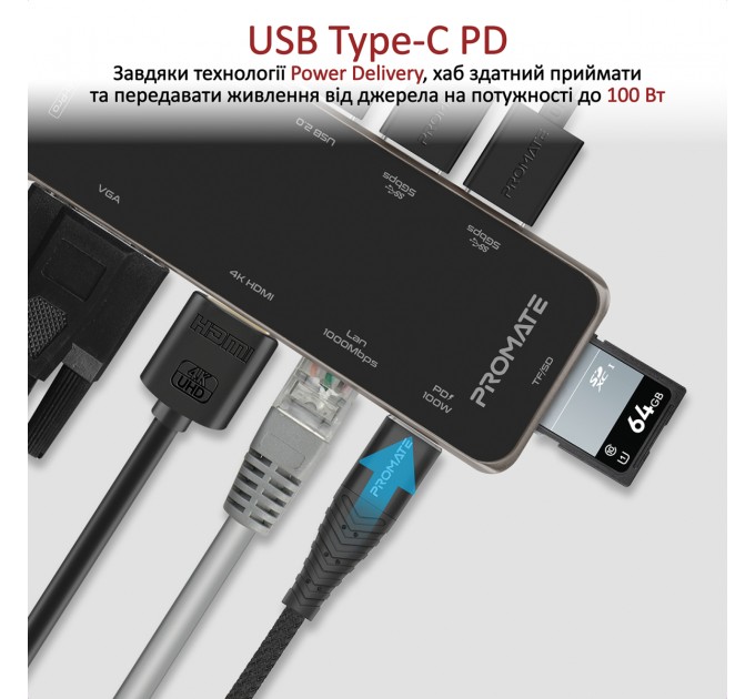 USB-хаб Promate PrimeHub-Pro USB Type-C Grey