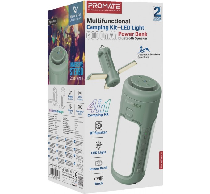 Promate Ліхтарик кемпінговий Promate з Bluetooth колонкою та вбудованим повербанком на 6000 мАг Green (campmate-4)