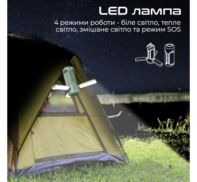 Promate Ліхтарик кемпінговий Promate з Bluetooth колонкою та вбудованим повербанком на 6000 мАг Green (campmate-4)