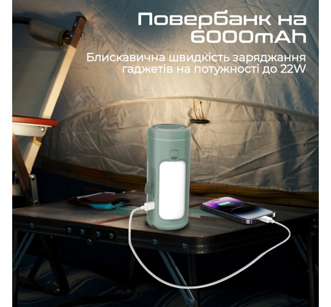 Promate Ліхтарик кемпінговий Promate з Bluetooth колонкою та вбудованим повербанком на 6000 мАг Green (campmate-4)