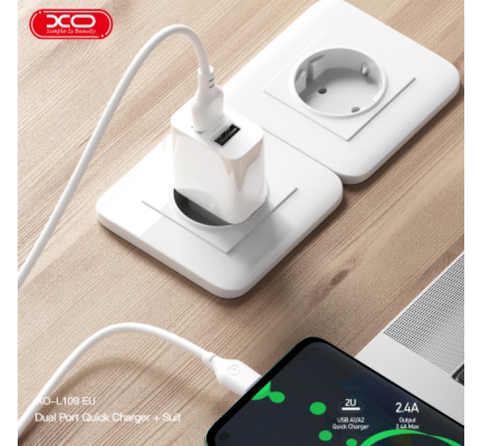 XO Зарядний пристрій XO L109 12W 2xUSB-A White (L109_White)