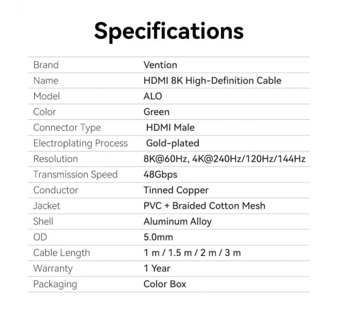 Кабель Vention HDMI - HDMI V 2.1 (M/M), 1,5 м, Green (ALOGG)