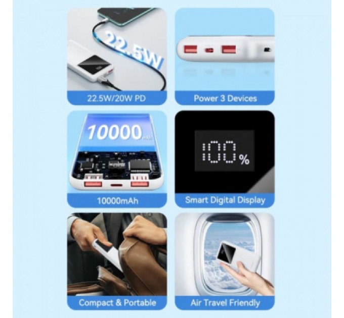 Батарея універсальна Vention 10000mAh 22.5W 3A PD, QC/3.0, LED Display, White (FHKW0)