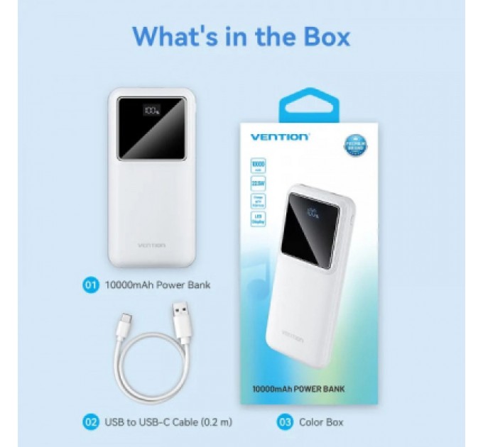 Батарея універсальна Vention 10000mAh 22.5W 3A PD, QC/3.0, LED Display, White (FHKW0)