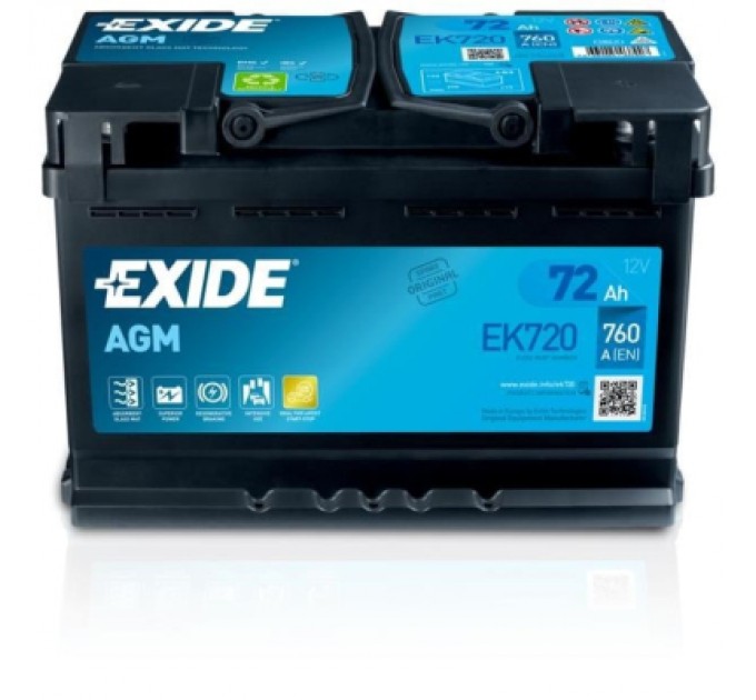 EXIDE Акумулятор автомобільний EXIDE START-STOP AGM 72Ah 760EN (EK720)