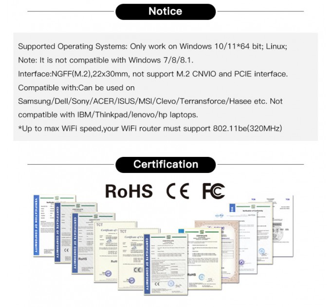 Бездротовий адаптер Fenvi FV-BE200NG Wi-Fi 7, Bluetooth 5.4 Adapter, Tri-band 2.4G/5G/6GHz