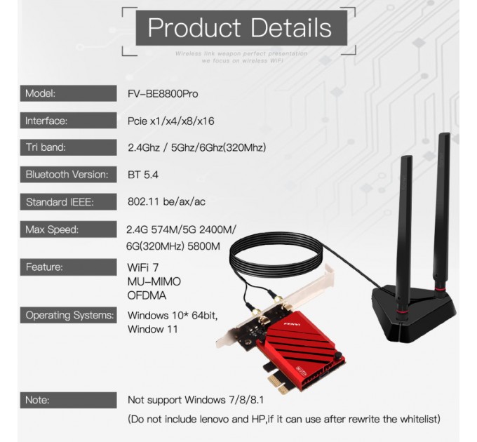 Fenvi Бездротовий адаптер Fenvi FV-BE8800Pro Wi-Fi 7, Bluetooth 5.4 Gaming Tri Band 2.4G/5G/6GHz
