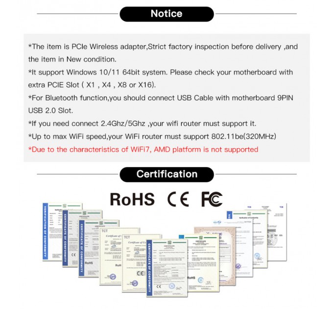 Fenvi Бездротовий адаптер Fenvi FV-BE8800Pro Wi-Fi 7, Bluetooth 5.4 Gaming Tri Band 2.4G/5G/6GHz