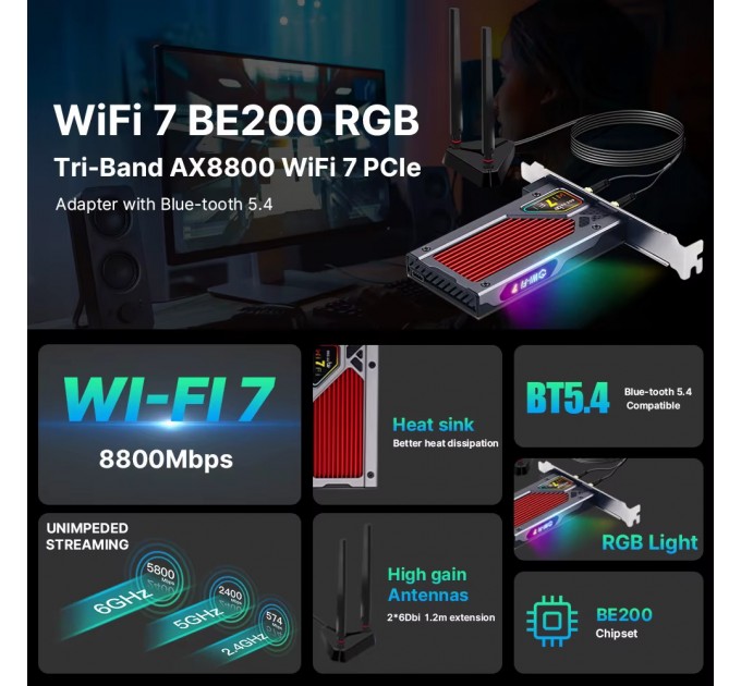 Fenvi Бездротовий адаптер Fenvi FV-BE8800RGB Wi-Fi 7, Bluetooth 5.4 Gaming Tri Band 2.4G/5G/6GHz