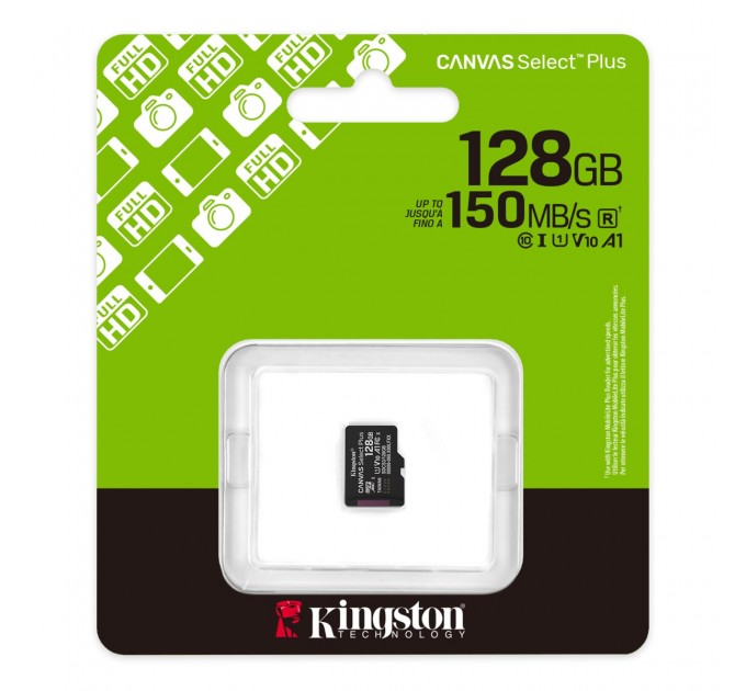 Kingston Карта пам`яті MicroSDXC 128GB UHS-I Class 10 Kingston Canvas Select Plus R150MB/s + SD-адаптер (SDCS3/128GB)