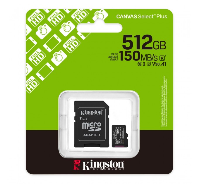 Kingston Карта пам`яті MicroSDXC 512GB UHS-I Class 10 Kingston Canvas Select Plus R150MB/s + SD-адаптер (SDCS3/512GB)